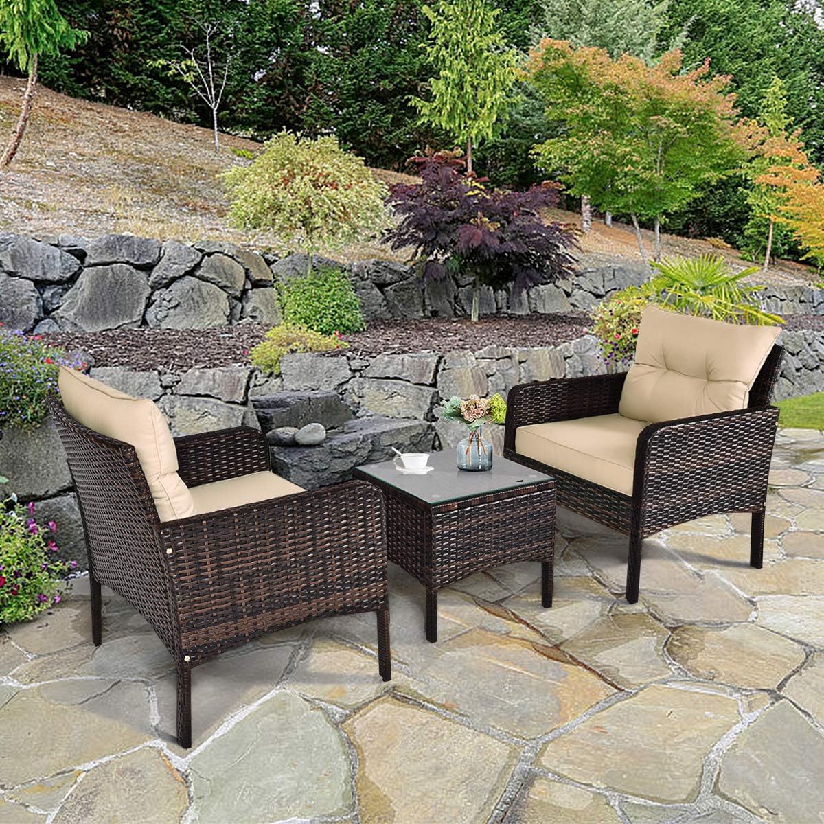 HAPPYGRILL 3 Pieces Patio Furniture Set Outdoor Rattan Wicker Coffee Table & Chairs Set with Seat Cushions